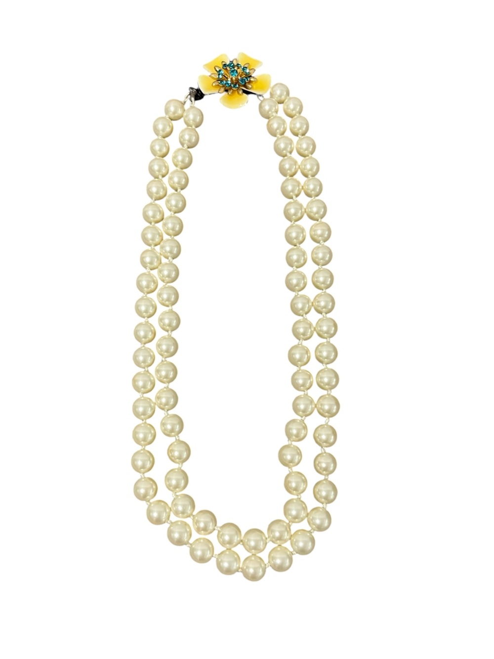 Vintage Double Strand Faux Pearl Necklace Enamel Floral Rhinestone Clasp 18.75"